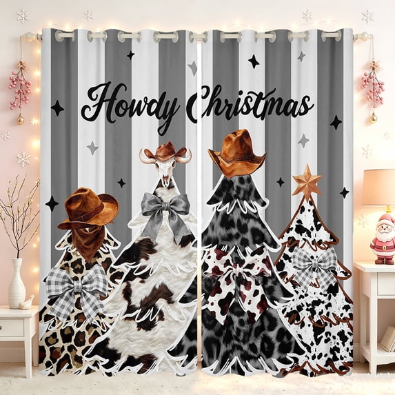 Erosebridal Western Cowboy Blackout Curtains, Christmas Tree Window Curtains Pack of 2 (38x45 Each), Gray White