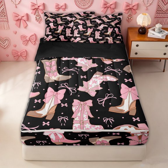 Erosebridal Western Cowboy Boot Zipper Twin Comforter Sets with Fitted Sheet and 2 Pillowcases for Girls, Girly Ribbon Print Zipper Bedding Set, Black Reversible, 4 Pieces