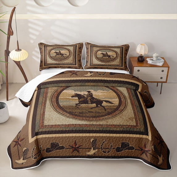Erosebridal Western Cowboy Boys Girls Twin Quilt Set, Brown Rustic Twin Coverlet Set, 2pcs