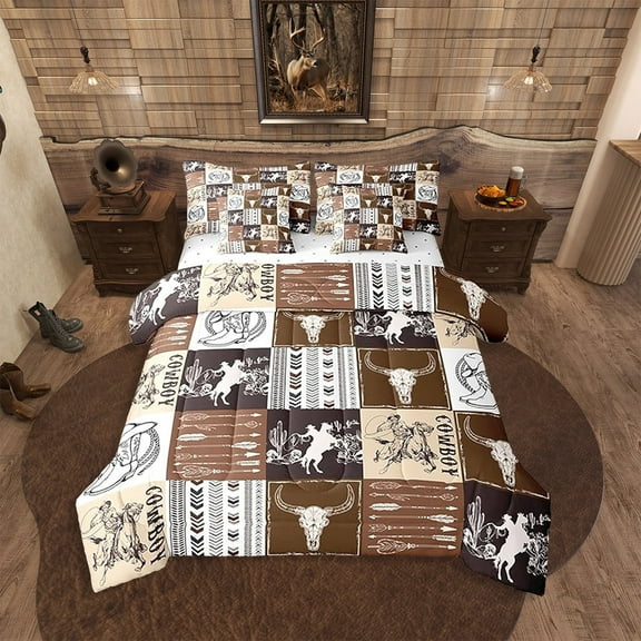 Erosebridal Western Cowboy Comforter Set 7 Pieces, Bull Skull Horse Arrow Print Bed Set, Brown Lattice Patchwork Bedding Full with 1 Comforter,1 Flat Sheet,2 Pillowcases