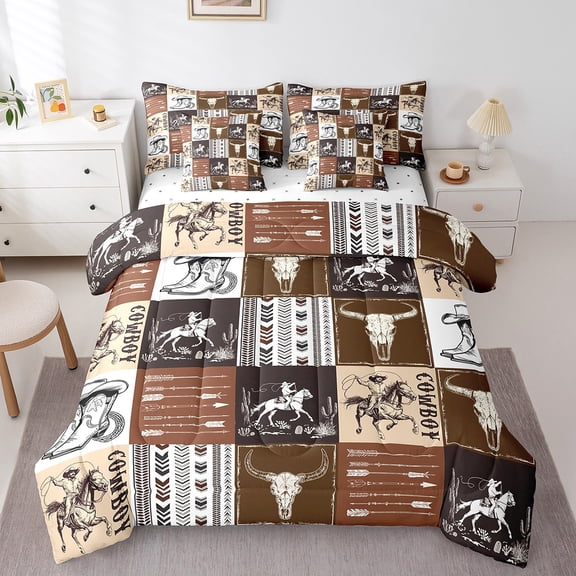 Erosebridal Western Cowboy Comforter Set 7 Pieces, Bull Skull Horse Arrow Print Bed Set, Brown Lattice Patchwork Bedding Twin with 1 Comforter,1 Flat Sheet,2 Pillowcases