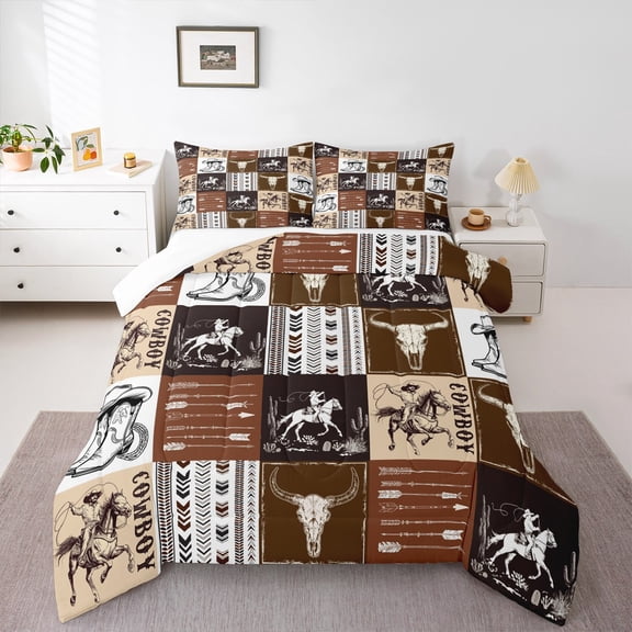 Erosebridal Western Cowboy Comforter Set Full Size, Bull Skull Horse Arrow Print Quilt Set, Geometric Grid Brown Plaid Print Bedding Set Teens Bedroom Decor