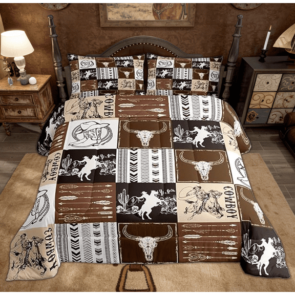 Erosebridal Western Cowboy Comforter Set Full Size, Bull Skull Horse Arrow Print Quilt Set, Geometric Grid Brown Plaid Print Bedding Set Teens Bedroom Decor