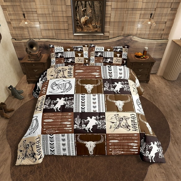 Erosebridal Western Cowboy Comforter Set, Bull Skull Horse Arrow Print Quilt Set, Geometric Grid Brown Plaid Print Bedding Set Teens Bedroom Decor