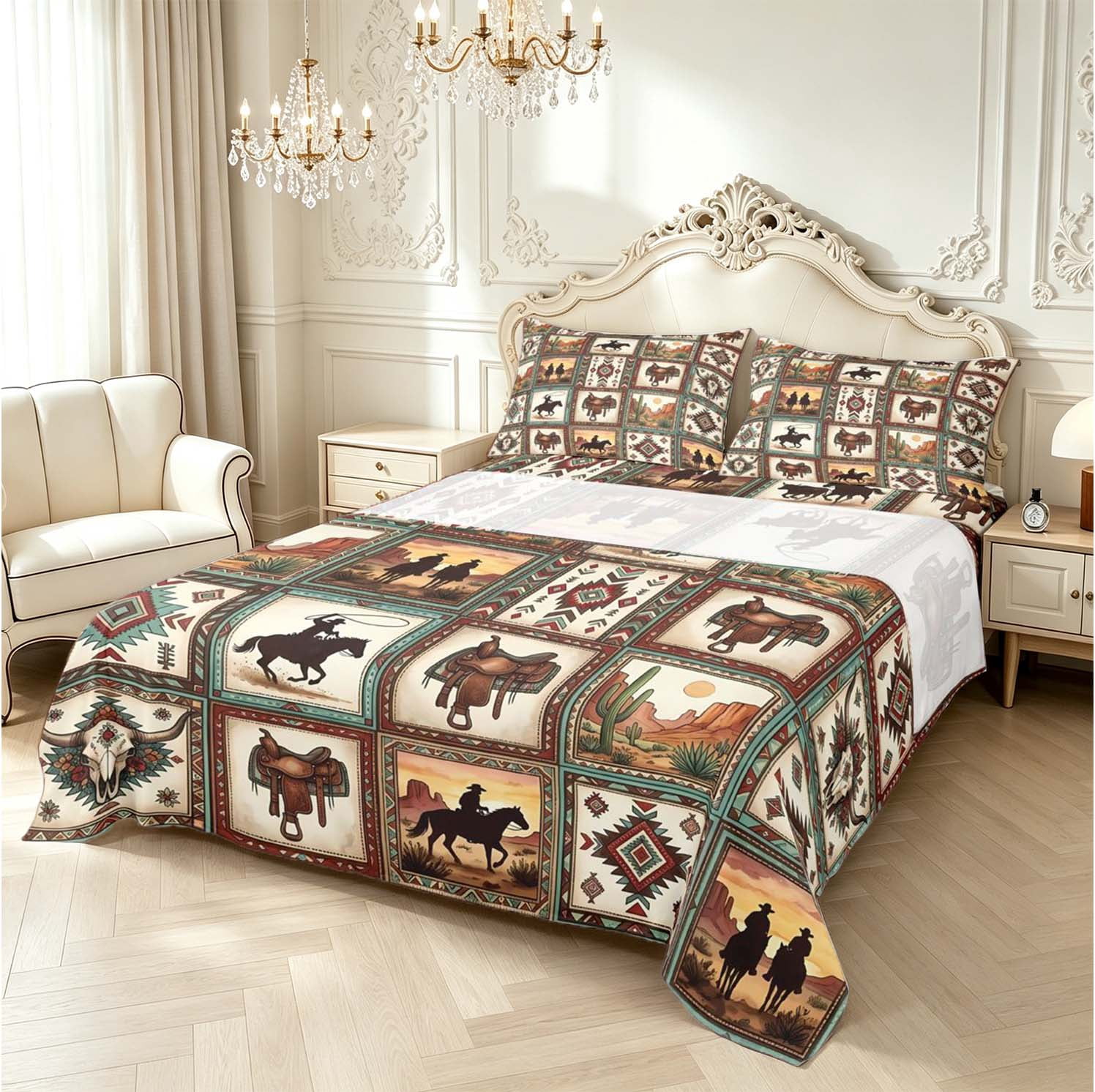 Erosebridal Western Cowboy Patchwork King Sheets,Cow Skull Animals ...