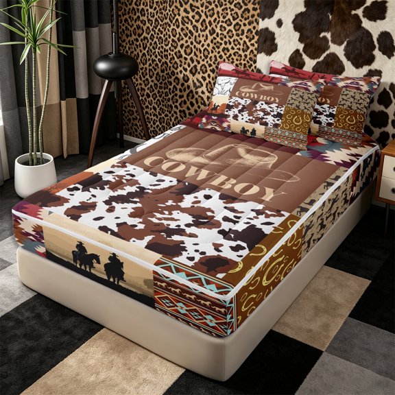 Erosebridal Western Cowboy Patchwork Print Zipper Twin Comforter Sets with Fitted Sheet and 2 Pillowcases,Cow Print Aztec Desert Accent Zipper Bedding Set,Brown White,4-Piece,Reversible