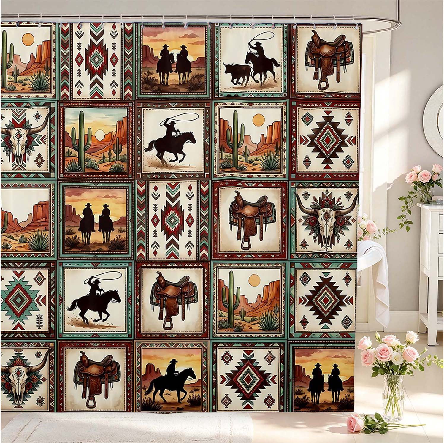 Erosebridal Western Cowboy Patchwork Shower Curtain 72Wx84L,Cow Skull ...