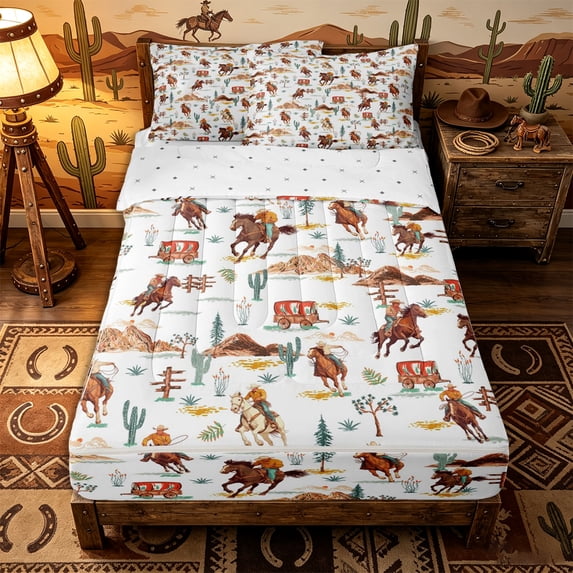 Erosebridal Western Cowboy Pattern Zipper Full Size Comforter Sets with Fitted Sheet and 2 Pillowcases,Desert Landscape Print Zipper Bedding Set,Brown Green White,Reversible