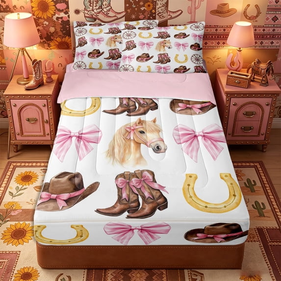 Erosebridal Western Cowboy Pattern Zipper Full Size Comforter Sets with Fitted Sheet and 2 Pillowcases,Watercolor Bow Print Zipper Bedding Set,Brown Pink,Pink Reversible