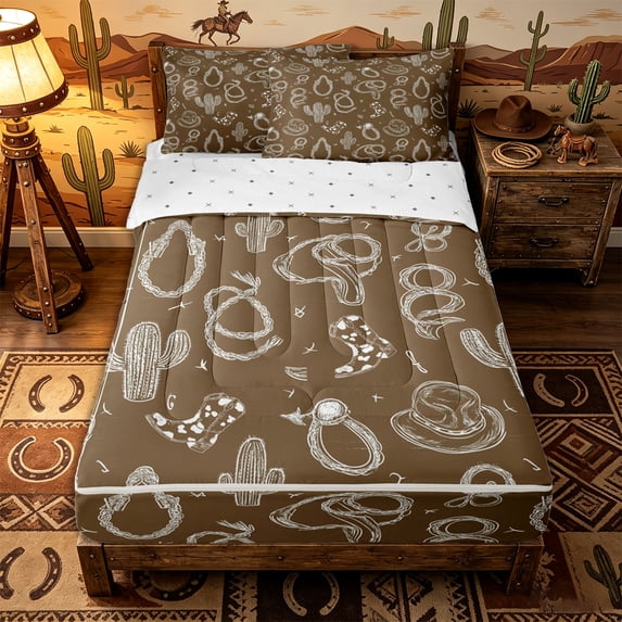 Erosebridal Western Cowboy Pattern Zipper Queen Comforter Set with Fitted Sheet and 2 Pillowcases,Desert Cactus Print Zipper Bedding Set,Brown White,Reversible