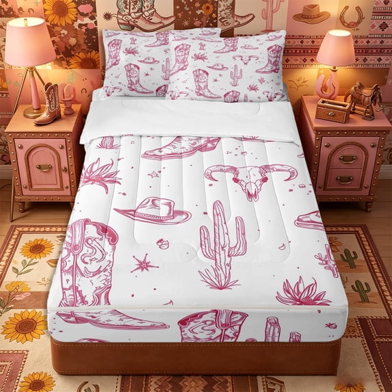 Erosebridal Western Cowboy Pattern Zipper Queen Comforter Set with Fitted Sheet and 2 Pillowcases,Cactus Plant Print Zipper Bedding Set,Pink White