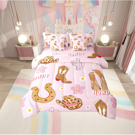 Erosebridal Western Cowgirl Bed in a Bag Full size,Horseshoe Boots Bed Set,Kawaii Flower Bedding Full Size,Breathable Floral Room Decoration,Reversible,7-Piece