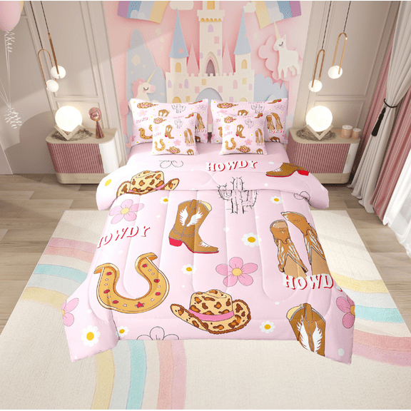 Erosebridal Western Cowgirl Bedding Sets Twin Size,Horseshoe Boots Comforter Sets with Sheets,Kawaii Flower Bed in a Bag Twin size,Breathable Floral Room Decoration,Reversible,7pcs