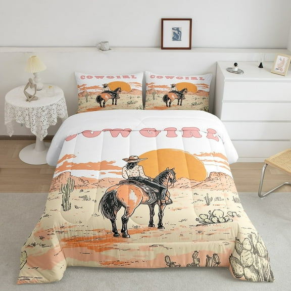 Erosebridal Western Cowgirl Comforter Sets Twin Size, Cactus Cowboy Comforters & Duvets, Horse Animal Decor, Reversible 2-Piece
