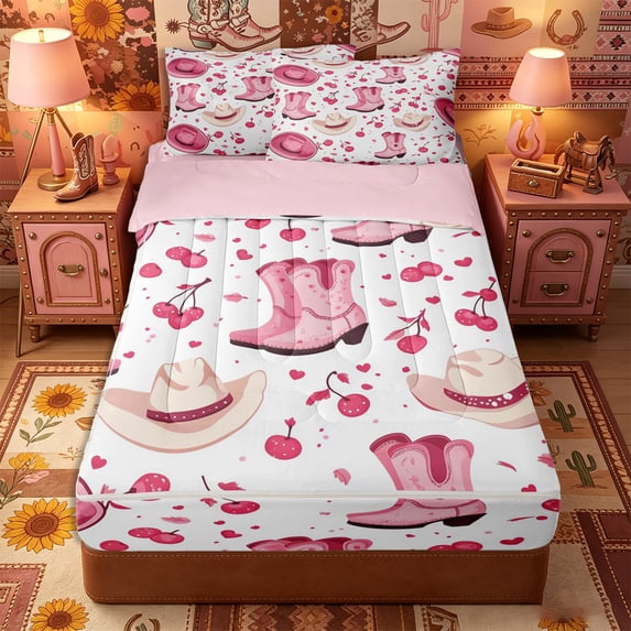Erosebridal Western Cowgirl Pattern Zipper Twin Comforter Sets with Fitted Sheet and 2 Pillowcases,Cherry Fruit Print Zipper Bedding Set,Pink White,Pink Reversible