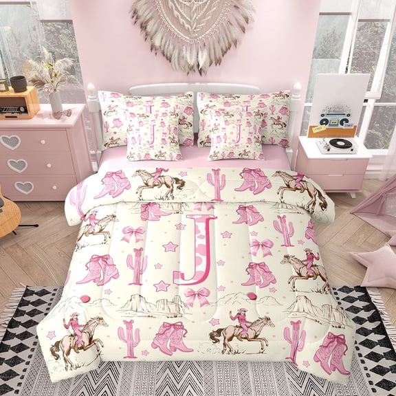 Erosebridal Western Cowgirl Twin Bedding Sets for Girls, Personalized Initial J Bedding Comforter Set, Pink Reversible, 7pcs