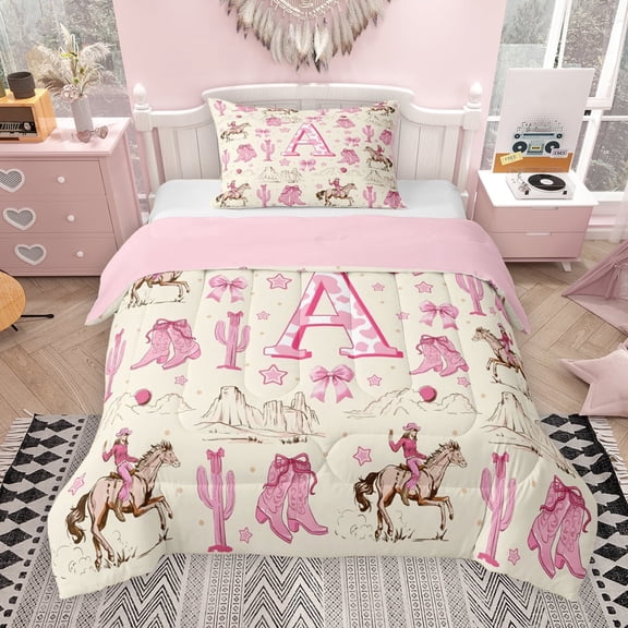 Erosebridal Western Cowgirl Twin Comforter Sets for Girls, Personalized Initial A Bedding Set, Pink Reversible, 1 Comforter and 1 Pillowcase