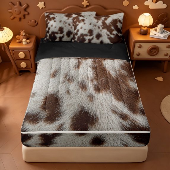 Erosebridal Western Cowhide Zipper Full Size Comforter Sets with Fitted Sheet and 2 Pillowcases,Farm Animal Cattle Pattern Zipper Bedding Set For Boys,Black Reversible,4pcs