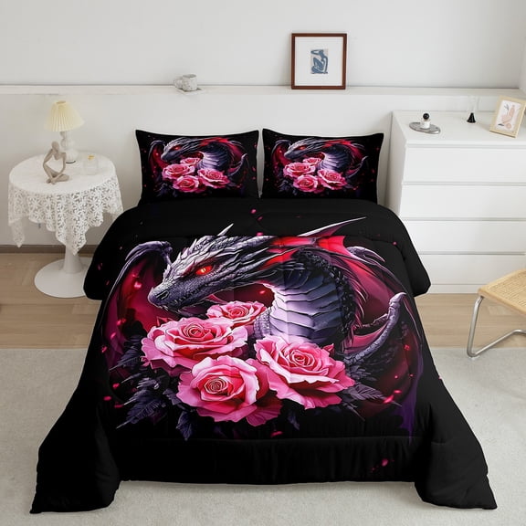 Erosebridal Western Dragon Bedding Queen Comforter Set, Pink Rose Down Comforter, 3D Animal Decor, Reversible 3 Pieces