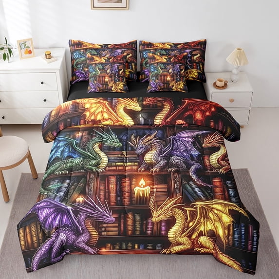 Erosebridal Western Dragon Bedding Sets Twin Size, Magic Animal Comforter Sets with Sheets, Vintage Bookshelf Reversible Bed Set, Lightweight Bedroom Decor, 7pcs