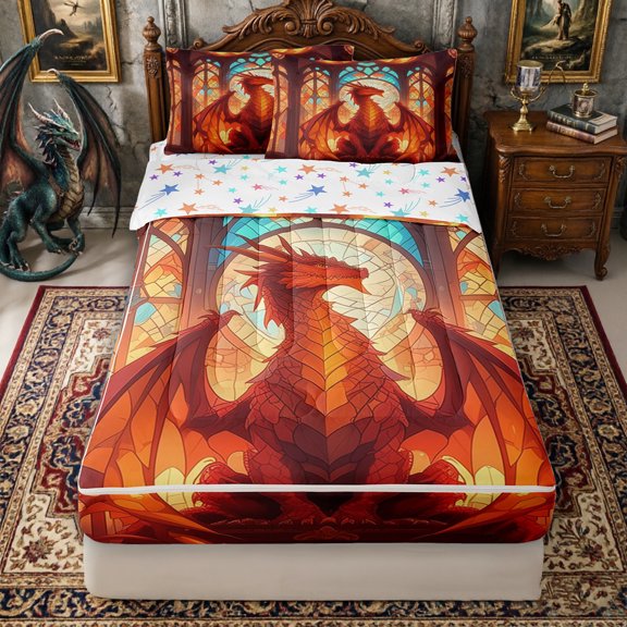 Erosebridal Western Glass Dragon Print Zipper Twin Comforter Sets with Fitted Sheet and 2 Pillowcases for Boys, Orange Medieval Animal Zipper Bedding Set, Stars Reversible, 4-Piece