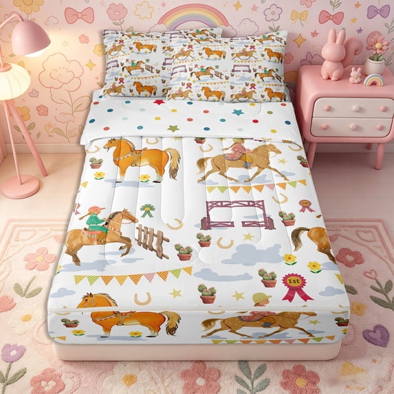 Erosebridal Western Horse Pattern Zipper Queen Comforter Set with Fitted Sheet and 2 Pillowcases,Cowboy Farm Print Zipper Bedding Set,Brown Yellow White,Reversible
