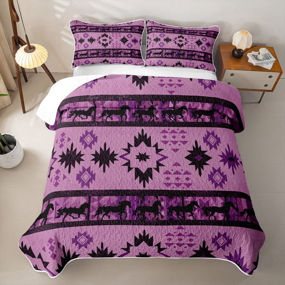 Erosebridal Western Horse Silhouette Quilt King for Women Men, Purple Aztec Abstract King Coverlet Set, 3 Pieces