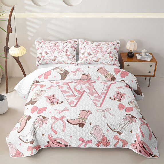 Erosebridal Western Monogrammed W Bed Spread Queen, Cute Western Boot Bowknot Queen Coverlet Set for Girls, 3pcs