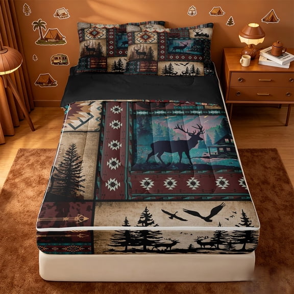 Erosebridal Western Patchwork Patchwork Zipper Queen Comforter Set with Fitted Sheet and 2 Pillowcases,Deer Arrow Aztec Cabin Hunting Zipper Bedding Set For Boys,Black Reversible,4pcs
