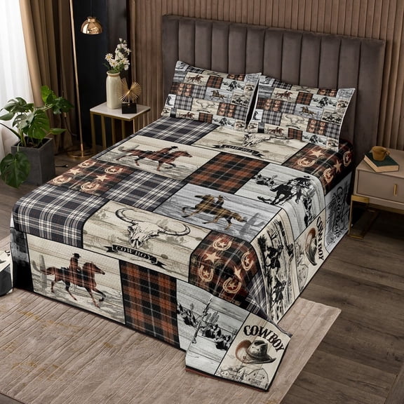 Erosebridal Western Quilt Set Twin Cowboy Bedspread Set Western Coverlet Set Horse Cow Print Bed Set Country Farmhouse Buffalo Plaid Check Decor Brown Black Grey Bedroom Decor 2 Pcs