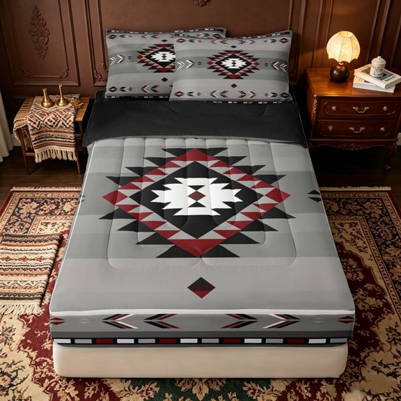 Erosebridal Western Tribal Aztec Zipper Twin Comforter Sets with Fitted Sheet and 2 Pillowcases for Women Men, Vintage Mandala Triangle Zipper Bedding Set, Gray Red, Black Reversible, 4 Pieces