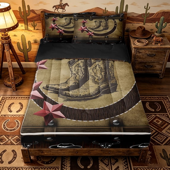 Erosebridal Western Vintage Pattern Zipper Full Size Comforter Sets with Fitted Sheet and 2 Pillowcases,Cowboy Boot Print Zipper Bedding Set,Rust Red Brown,Black Reversible