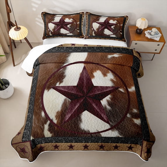 Erosebridal Western Vintage Quilt King,Cowhide Lone Stars Pattern King Coverlet Set For Boys,3-Piece