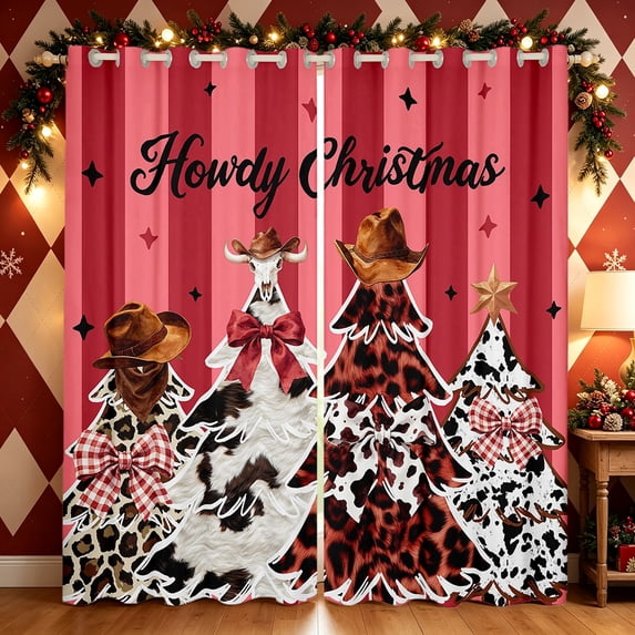 Erosebridal Western Xmas Tree Kitchen Curtains, Cowboy Leopard Print Black Out Curtains Pack of 2 (42x63 Each), Red Dark Brown
