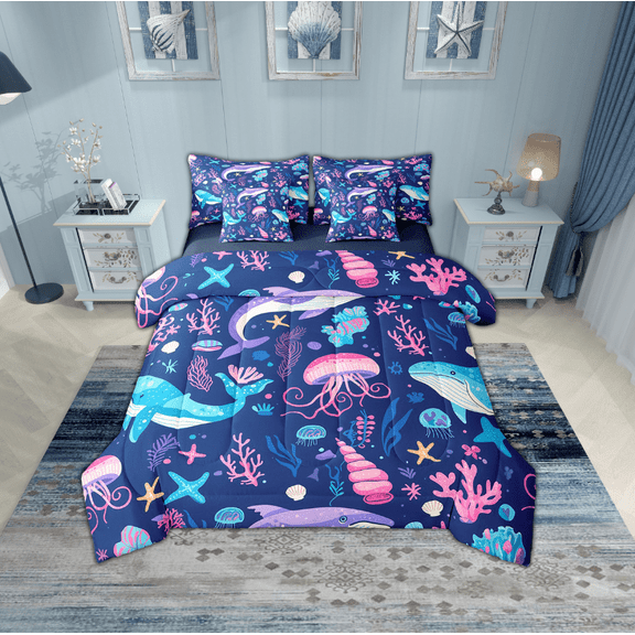 Erosebridal Whale Jellyfish Bedding Sets Twin Size,Marine Animal Comforter Sets with Sheets,Super Cozy Reversible Bed in a Bag Twin size,Ocean Theme Decoration,7pcs