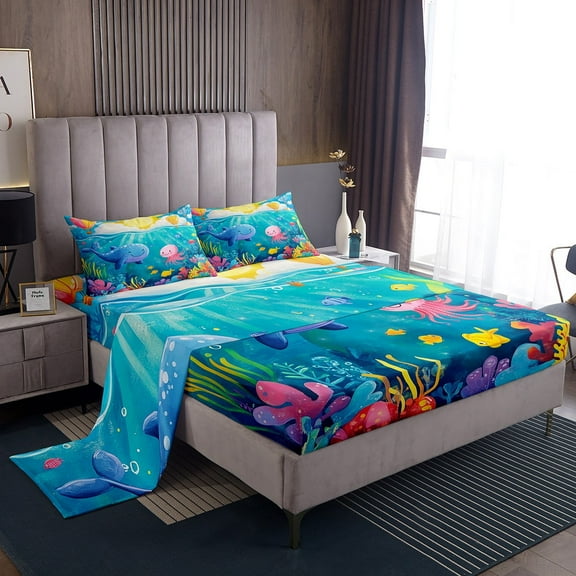 Erosebridal Whale Jellyfish Sheet Set Twin,Ocean Wildlife Bedding Sets Twin Size,Super Cozy Bed Sheets Twin,Underwater World Decoration,3pcs
