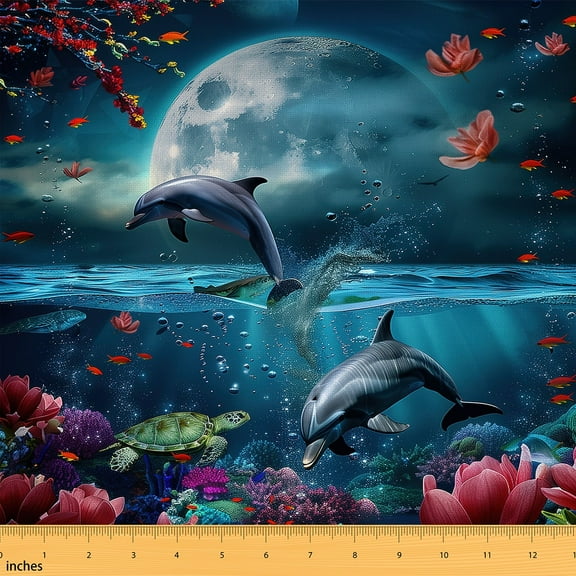 Erosebridal Whale Moon Fabric By The Yard, Night Wave Seaside Indoor Outdoor Fabric, Petals Turtles Blue Decorative Fabric, 3D Fish Underwater Quilting Fabric By The Yard 3 Yards