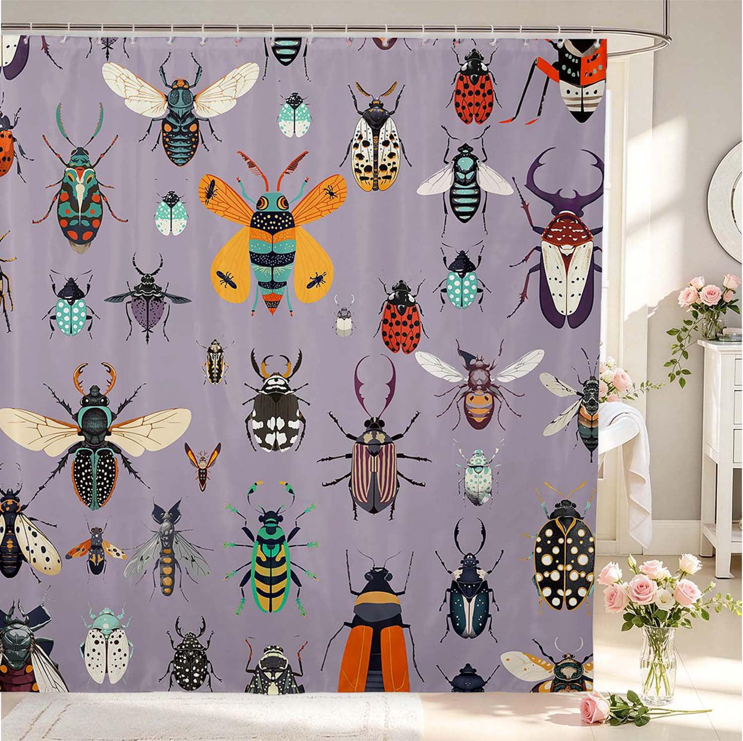Whimsy Purple Erosebridal Whimsical Beetles Shower Curtain 72Wx72L,Graceful Theme ...