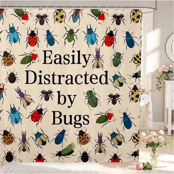 Erosebridal Whimsical Beetles Shower Curtain 72Wx84L,Transitional Bug Theme Bathroom Shower Curtain,Cream Green
