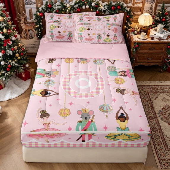 Erosebridal Whimsical Nutcracker Figure Zipper Full Size Comforter Sets with Fitted Sheet and 2 Pillowcases for Girls, Gingham Check Print Zipper Bedding Set, Pink Reversible, 4-Piece