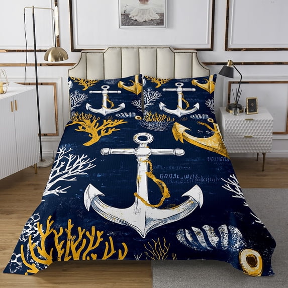 Erosebridal White Anchor Bedspread Sets Twin Size,Sea Shell Bed Quilt,Ocean Bedroom Decor,2-Piece