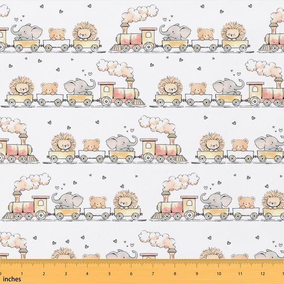 Erosebridal White Animal Train Fabric by the Yard 1 Yard, Lion Bear Heart Home Decor Fabric by the Yard