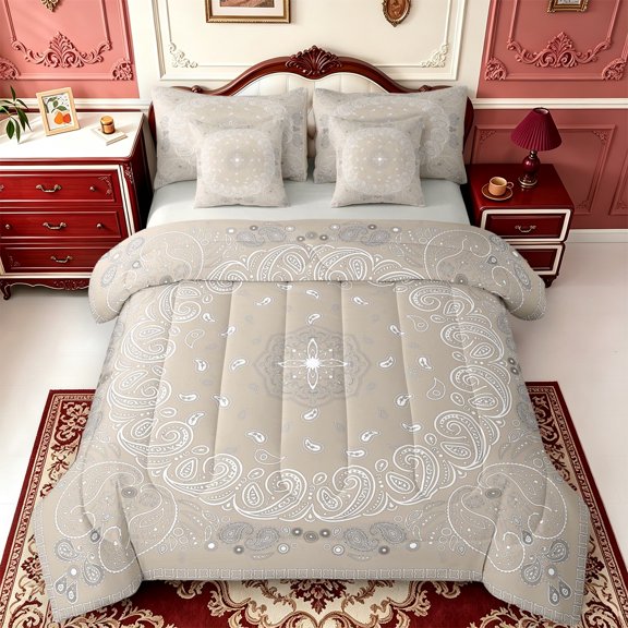 Erosebridal White Bandana 7-Piece King Bedding,Abstract Design King Bed in a Bag,Light Gray Reversible