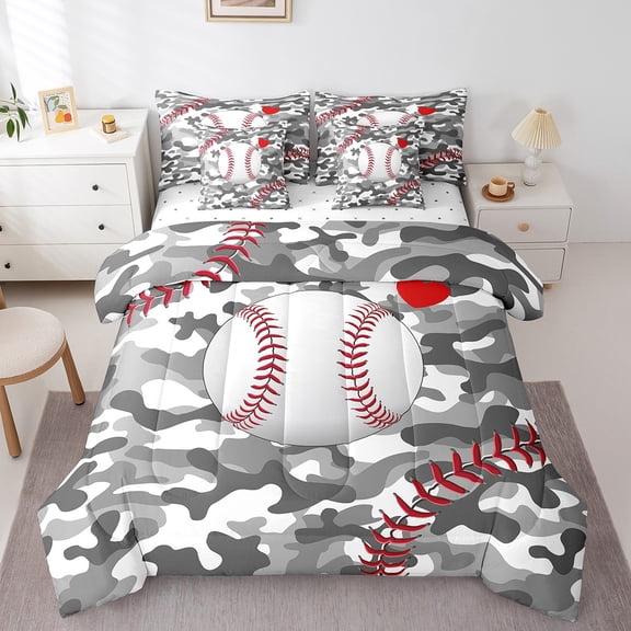Erosebridal White Baseball Bed in a Bag King size, Camouflage Bed Set, Eat Sleep Decor, Reversible 7 Pieces