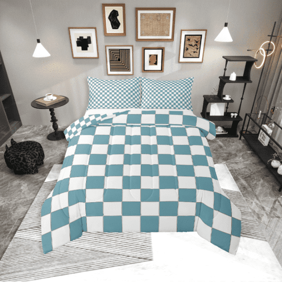 Erosebridal White Blue Checkered Comforter Set Twin Size Buffalo Plaid Grid Bedding Set Teen Checkerboard Quilt Set Aesthetics Gingham Duvet Set Modern Room Decor