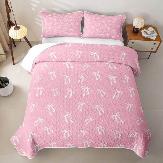 Erosebridal White Bow Outlines Bed Spread Queen,Ribbon Bowknot Queen Coverlet Set For Girls,3-Piece