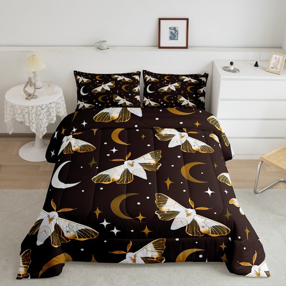 Erosebridal White Brown Moth Bedding Full Comforter Set,Insect Animal Down Comforter,Stars Moon Dot Bedding Sets Full with Comforter,Breathable Room Decorative Reversible,3 Pieces