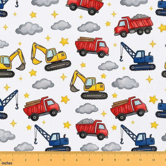 Erosebridal White Construction Vehicle Fabric by the Yard 5 Yards, Excavator Dump Truck Fabric for Sewing