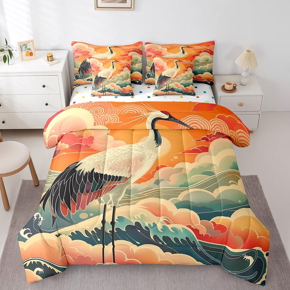 Erosebridal White Crane Bed in a Bag Queen size, Ocean Waves Bed Set, Japanese Style, Reversible 7-Piece