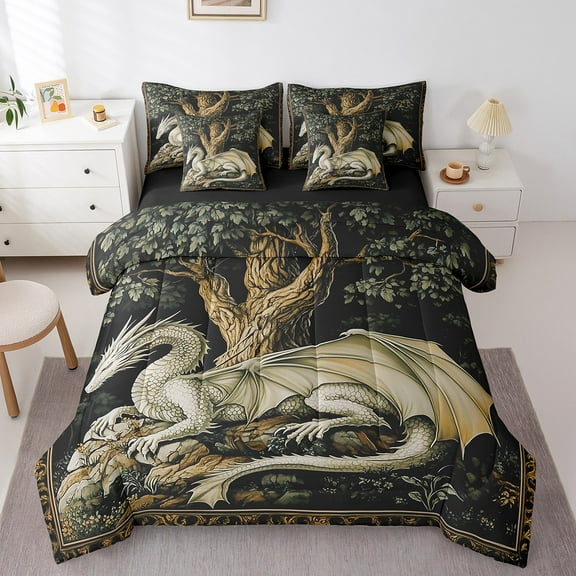 Erosebridal White Dragon Bedding Sets, Vintage Animal Comforter Sets with Sheets, Mystic Jungle Reversible Bed Sheets Set, Lightweight Bedroom Decor, 7pcs